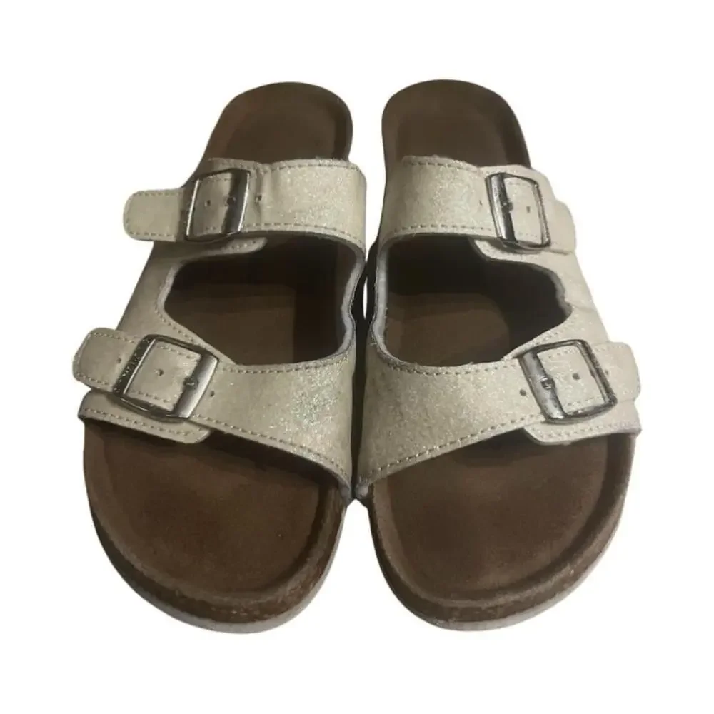 Soft Moc buckled slide sandals- cream glitter